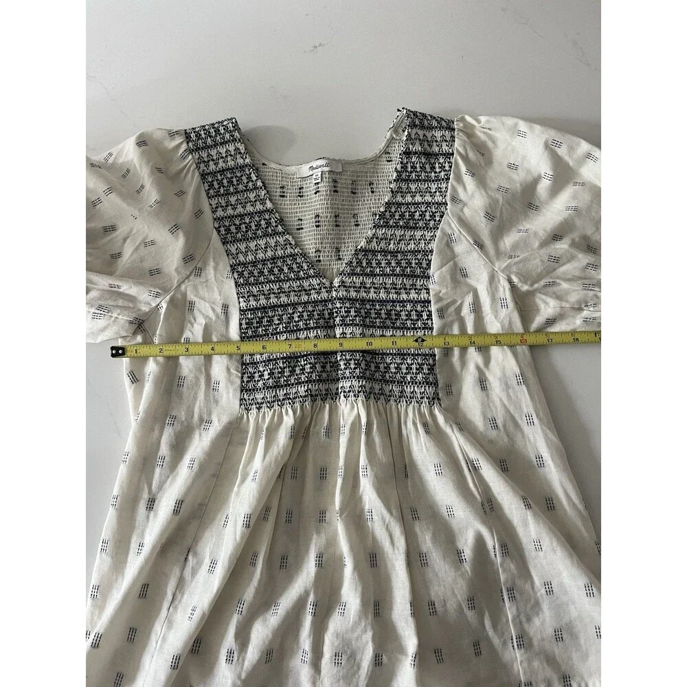 Madewell Embroidered Smocked V Neck Puff Sleeve Peasant Top Cream Navy XS